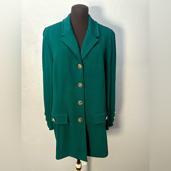 Vintage St John Marie Gray Dark Green Sweater Coat Blazer Gold Buttons M - Picture 1 of 6